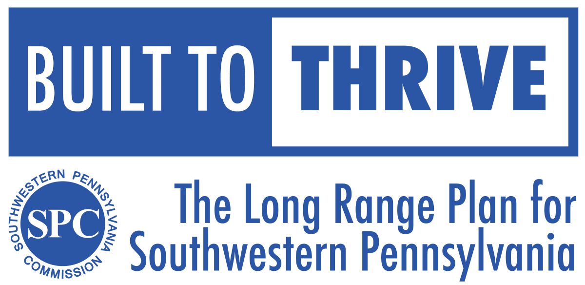 Text based logo for "Built to Thrive", the long range plan for southwestern pennsylvania. The SPC logo is present.